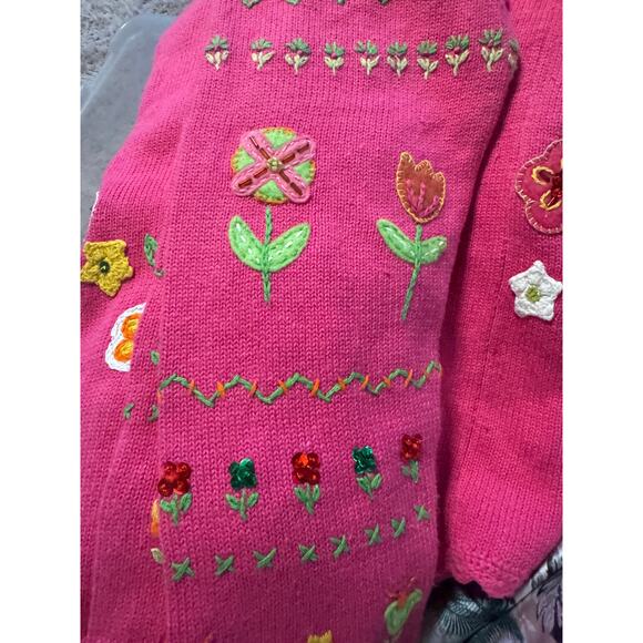 Tiara International Pink Oversized Floral & Embroidered Knit Cardigan Size Small - Picture 4 of 8